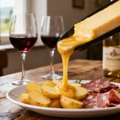 Raclette fondant sur des pommes de terre et de la charcuterie, accompagné de vin d'Alsace. Un délice pour les papilles !