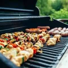 Brochettes de poulet et légumes grillés, saucisses sur le barbecue. Parfait pour un barbecue, quel rosé pour barbecue ?