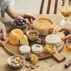 Un plateau de fromages variés, dont un fromage de chèvre du **Pays de la Loire**, accompagné de raisins, olives, pistaches et miel.