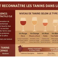 Comprendre les tanins du vin : sensation de sécheresse en bouche, niveaux selon le type de vin (rouge, orange, rosé, blanc) et profils par cépage.