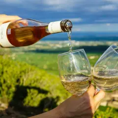Verre de vin blanc versé d'une bouteille, dégustation des meilleurs vins de Collioure avec vue panoramique sur la côte.