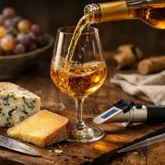 Un verre de pinot blanc est servi avec des fromages bleus et affinés, des raisins et un réfractomètre.