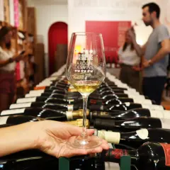 Verre de vin blanc sur fond de bouteilles alignées, évoquant les plaisirs de la route des vins.