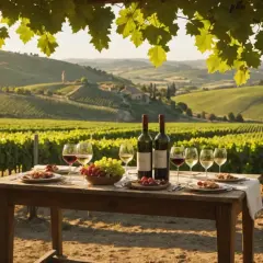 Table dressée au milieu d'un domaine viticole, avec des bouteilles de vin, des verres et des grappes de raisin. Le soleil se couche sur les collines verdoyantes.