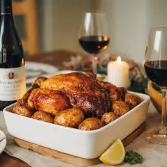 Un chapon rôti doré, entouré de pommes de terre, servi avec un vin rouge de Bourgogne. Un repas festif illuminé par des bougies.
