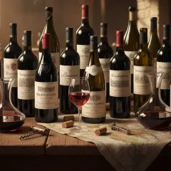 Une sélection des meilleurs vins de France, prêts à être dégustés. Bouteilles, carafes et verres sur une carte ancienne.