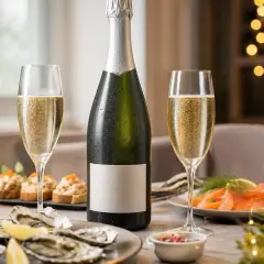 Bouteille de crémant champagne avec deux flûtes pétillantes, huîtres, saumon fumé et toasts. Une table festive prête pour l'apéritif.