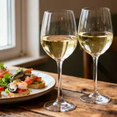 Deux verres de vin blanc pétillant pour un apéro savoureux, accompagnés de délicieux toasts aux fruits de mer et d'une tranche de citron vert.