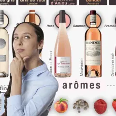 Une femme réfléchit devant plusieurs bouteilles de vin rosé, cherchant le meilleur rosé. Des arômes de fruits et d'épices sont illustrés.
