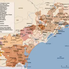 Carte des vins du Languedoc avec les appellations AOC et les vins doux naturels.