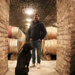 Denis Mortet, un vigneron passionné, pose dans sa cave aux côtés de son fidèle compagnon, un chien brun, entourés de fûts de vin en chêne.