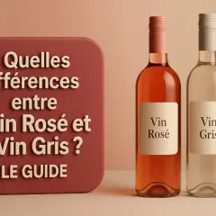 Deux bouteilles, l'une de vin rosé et l'autre de vin gris, côte à côte. Un panneau indique "Quelles différences entre Vin Rosé et Vin Gris ? LE GUIDE".