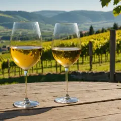 Deux verres de vin jaune, reflets du vignoble ensoleillé. Un cépage vin jaune qui promet une dégustation exquise.