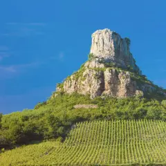 Le rocher de la Roche de Solutré, site emblématique de la Bourgogne, se dresse fièrement au-dessus des vignobles verdoyants. Un paysage à couper le souffle, digne des plus belles cartes postales de guffens heynen.