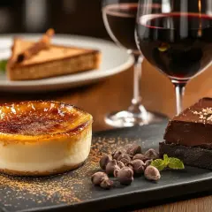 Crème brûlée et gâteau au chocolat, accompagnés de deux verres de vin rouge. Quel vin rouge avec dessert ? Une belle invitation à la gourmandise.