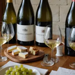 Dégustation de vins de Sancerre : une liste de bouteilles, verres de vin blanc et rouge, fromage et raisins sur une table en bois.