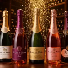 Une sélection de bouteilles de champagne, dont un "Blanc de Blancs" et un "Blanc de Noirs", baignant dans une lumière dorée. La fiche d'encépagement champagne est subtilement suggérée par la variété des cuvées.
