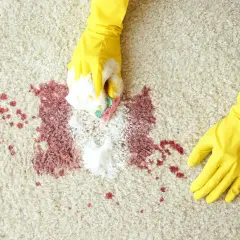 Main jaune, une main frotte une tache de vin rouge sur un tapis crème avec une éponge savonneuse.