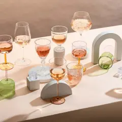 Plusieurs verres de vin blanc ou rosé, certains avec des glaçons, sont disposés sur un fond neutre.