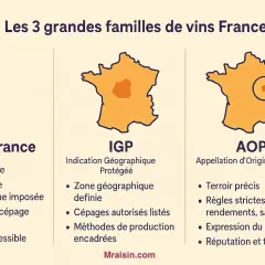 Les 3 grandes familles de vins français : Vin de France (créatif, accessible), IGP (zone géographique définie) et AOP (terroir précis). Un guide pour choisir votre vin cacher.