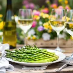 Un plateau d'asperges vertes fraîches, prêt à être dégusté avec un vin blanc. La question se pose : quel vin avec asperges pour un accord parfait ?