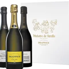 Trois bouteilles de champagne Drappier, dont une Carte d'Or, et une boîte "Histoire de famille". Avis sur le champagne Drappier.