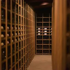 Cave à vin sombre remplie de bouteilles. Des étagères en bois alignent les murs, certaines contenant des bouteilles de vin de garde 20 ans.
