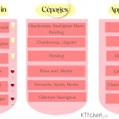Tableau comparatif des styles de vin, cépages (définition) et appellations. Exemples : Chardonnay, Riesling, Pinot noir.