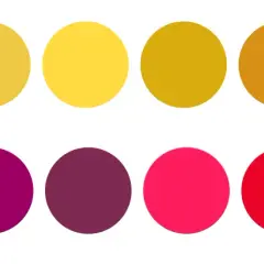 Palette de couleurs vives, allant du jaune pâle au brun orangé, rappelant la couleur vin blanc, et du bordeaux au rouge vif.