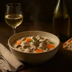 Un bol fumant de blanquette de veau avec carottes et champignons, accompagné d'un verre de vin blanc et d'une baguette.