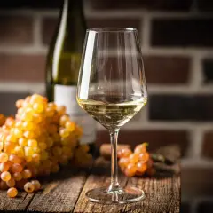 Verre de vin blanc, grappes de raisins dorés et bouteille sur fond de briques. Le chardonnay est-il un vin sec ? La réponse est dans le verre.