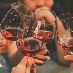Des mains portent des verres de vin rouge pour un toast. Une invitation à tout savoir sur le vin.