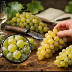 Gros plan sur un cépage de vin blanc très populaire, des grappes de raisins verts juteux sous une loupe, avec un verre de vin et un carnet en arrière-plan.
