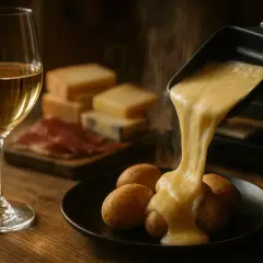 Fondue de fromage dégoulinant sur des pommes de terre, avec un verre de vin blanc, peut-être un petite arvine, et des tranches de charcuterie.
