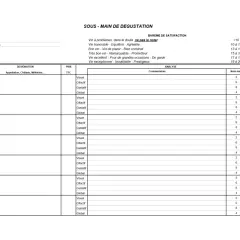 Fiche dégustation vin à l'aveugle avec barème de satisfaction et analyse pour plusieurs vins notés M1 à N4.