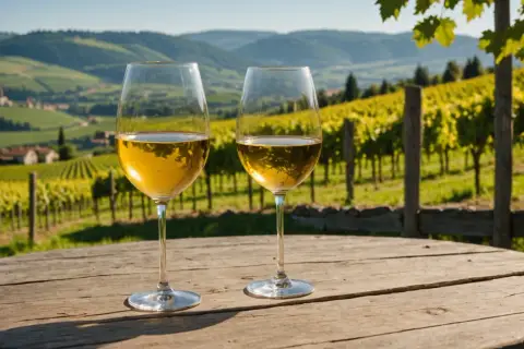 Deux verres de vin jaune, reflets du vignoble ensoleillé. Un cépage vin jaune qui promet une dégustation exquise.
