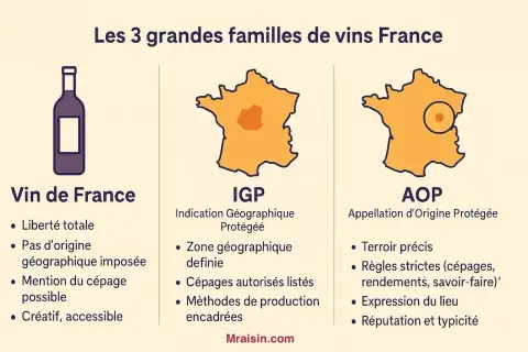 Les 3 grandes familles de vins français : Vin de France (créatif, accessible), IGP (zone géographique définie) et AOP (terroir précis). Un guide pour choisir votre vin cacher.