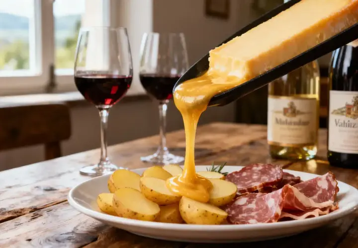 Raclette fondant sur des pommes de terre et de la charcuterie, accompagné de vin d'Alsace. Un délice pour les papilles !