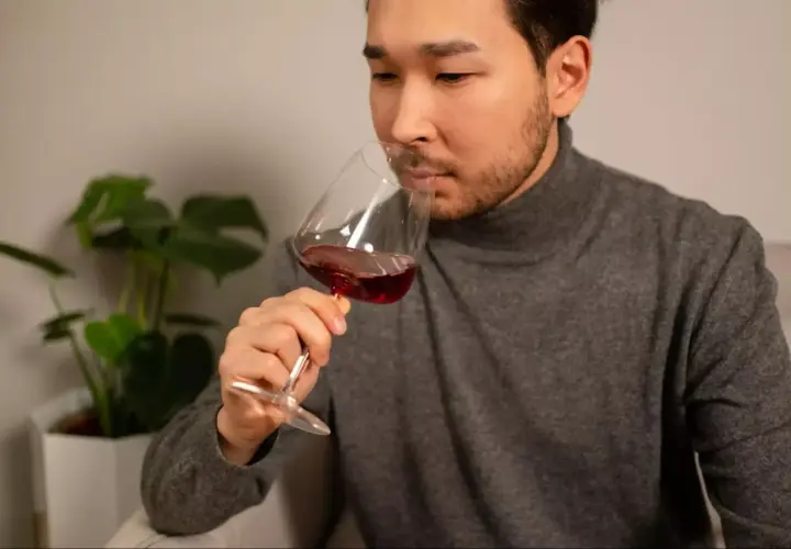 Un homme déguste un verre de vin rouge, réfléchissant à ce que contient le vin. Une plante verte est visible en arrière-plan.