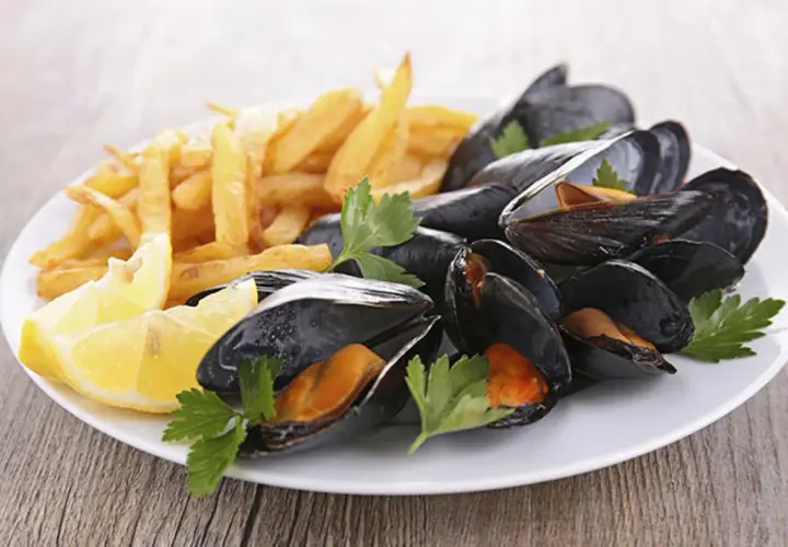 Moules frites sur une assiette blanche avec des quartiers de citron et du persil. Un plat classique, quel vin avec moules frites ?