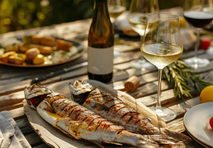 Deux poissons grillés sur un plateau en bois, accompagnés de vin blanc. Une question se pose : quel vin avec poisson en sauce pour sublimer ce repas ?