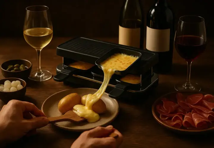 Raclette savoyarde fondante avec vin blanc de Savoie. Fromage coulant sur pommes de terre, accompagné de charcuterie et cornichons.
