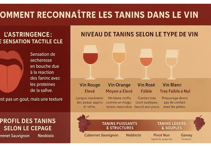 Comprendre les tanins du vin : sensation de sécheresse en bouche, niveaux selon le type de vin (rouge, orange, rosé, blanc) et profils par cépage.
