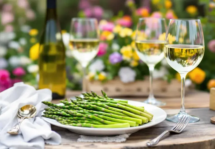 Un plateau d'asperges vertes fraîches, prêt à être dégusté avec du vin blanc. Idéal pour savoir avec quoi associer les asperges lors d'un repas printanier.