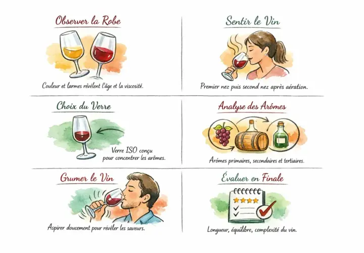 Guide pour déguster un vin saumur : observer la robe, sentir, analyser les arômes, choisir le verre, grumer et évaluer.
