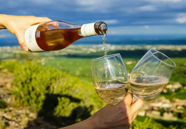 Verre de vin blanc versé d'une bouteille, dégustation des meilleurs vins de Collioure avec vue panoramique sur la côte.
