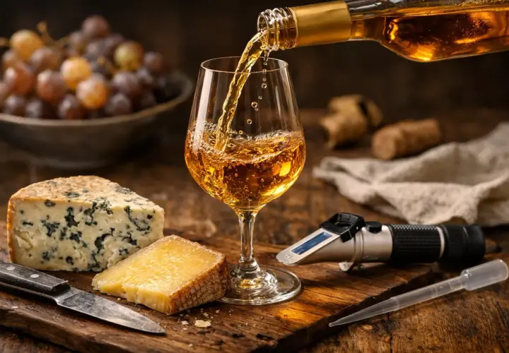 Un verre de pinot blanc est servi avec des fromages bleus et affinés, des raisins et un réfractomètre.