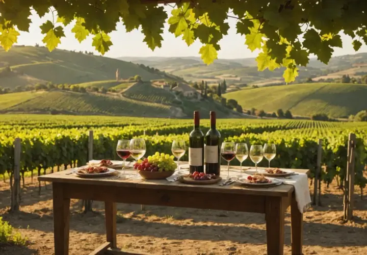 Table dressée au milieu d'un domaine viticole, avec des bouteilles de vin, des verres et des grappes de raisin. Le soleil se couche sur les collines verdoyantes.