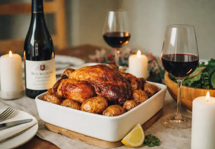 Un chapon rôti doré, entouré de pommes de terre, servi avec un vin rouge de Bourgogne. Un repas festif illuminé par des bougies.