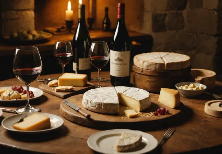 Un festin de fromages, dont un Mont d'Or crémeux, accompagné de vin rouge. Parfait pour savoir quel vin avec Mont d'Or.